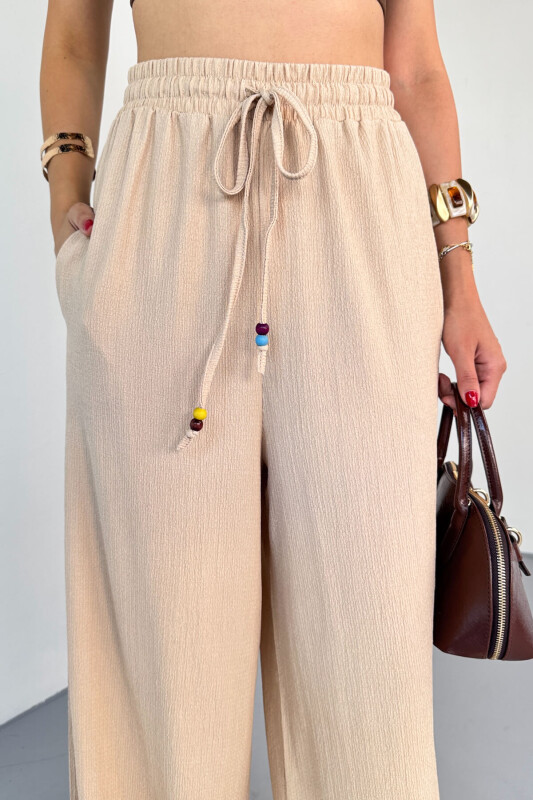 PNT-07408 Bej Bürümcük Kumaş İp Boncuklu Salaş Pantolon - 3