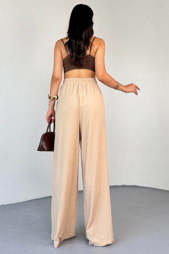 PNT-07408 Bej Bürümcük Kumaş İp Boncuklu Salaş Pantolon - 4