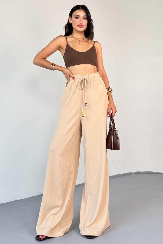 PNT-07408 Bej Bürümcük Kumaş İp Boncuklu Salaş Pantolon - 5