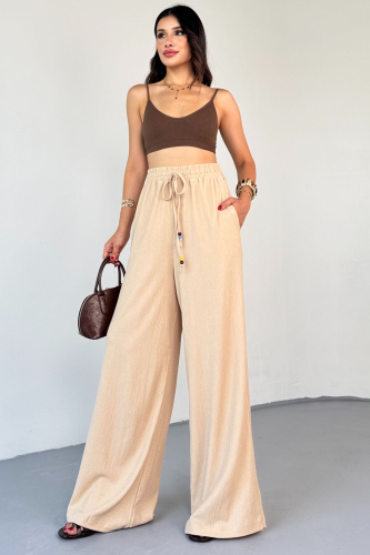 PNT-07408 Bej Bürümcük Kumaş İp Boncuklu Salaş Pantolon - 6