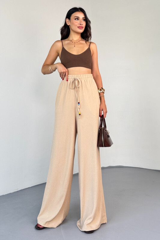 PNT-07408 Bej Bürümcük Kumaş İp Boncuklu Salaş Pantolon - 7