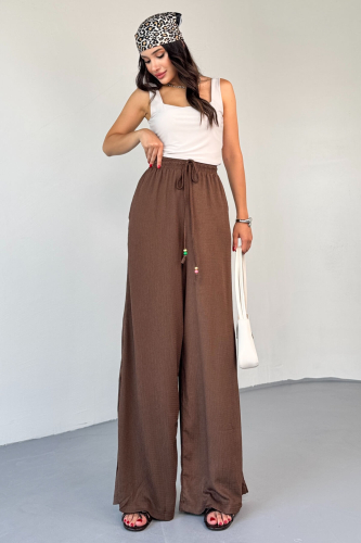 PNT-07408 Kahverengi Bürümcük Kumaş İp Boncuklu Salaş Pantolon (1)