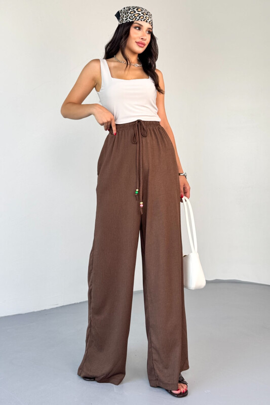 PNT-07408 Kahverengi Bürümcük Kumaş İp Boncuklu Salaş Pantolon - 4