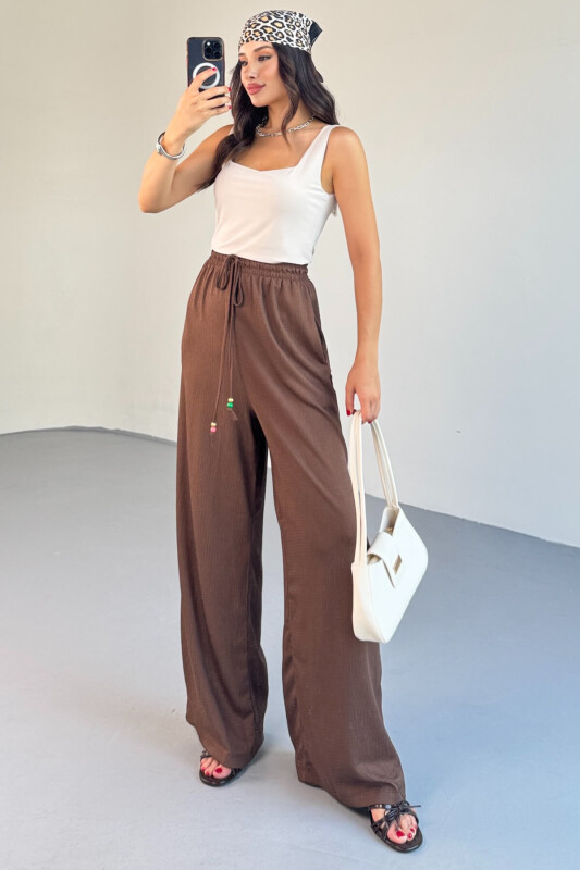 PNT-07408 Kahverengi Bürümcük Kumaş İp Boncuklu Salaş Pantolon - 6