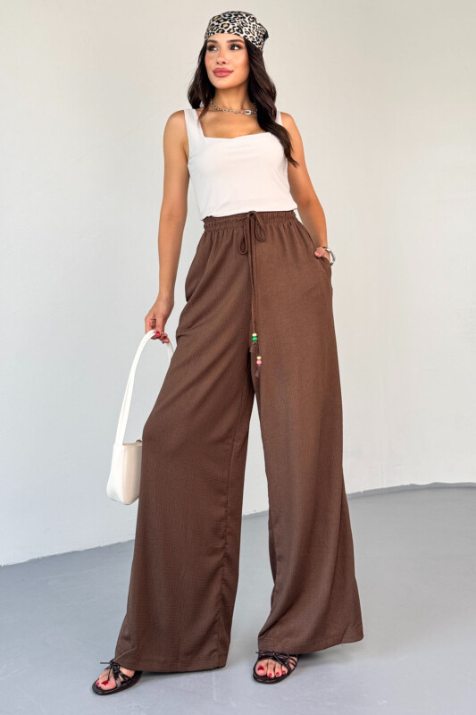 PNT-07408 Kahverengi Bürümcük Kumaş İp Boncuklu Salaş Pantolon - 1