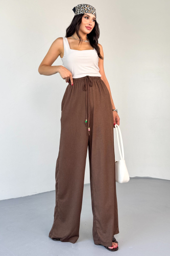 PNT-07408 Kahverengi Bürümcük Kumaş İp Boncuklu Salaş Pantolon - 4