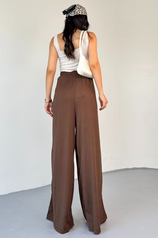 PNT-07408 Kahverengi Bürümcük Kumaş İp Boncuklu Salaş Pantolon - 5