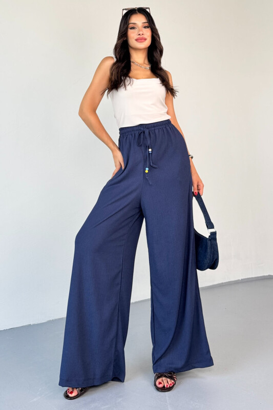 PNT-07408 Lacivert Bürümcük Kumaş Bel Lastikli İp Boncuklu Salaş Pantolon - 1