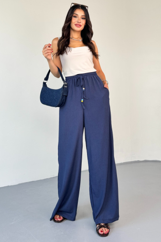 PNT-07408 Lacivert Bürümcük Kumaş Bel Lastikli İp Boncuklu Salaş Pantolon - 3