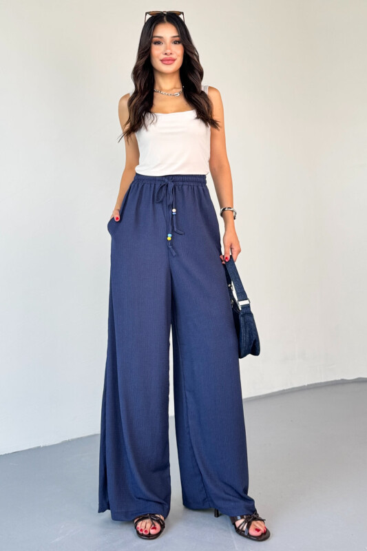 PNT-07408 Lacivert Bürümcük Kumaş Bel Lastikli İp Boncuklu Salaş Pantolon - 4