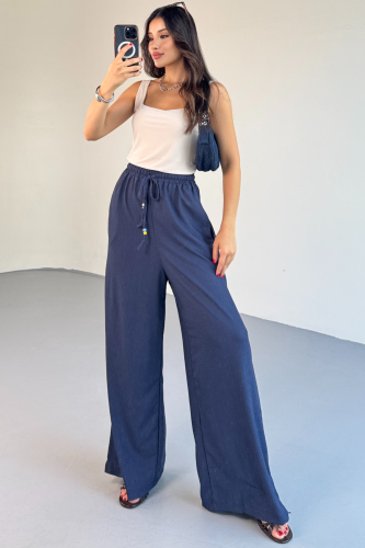 PNT-07408 Lacivert Bürümcük Kumaş Bel Lastikli İp Boncuklu Salaş Pantolon - 5