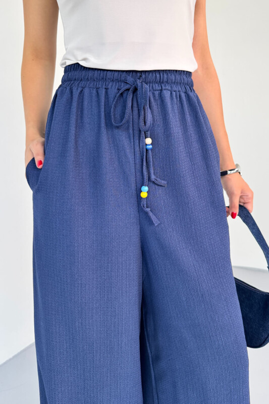 PNT-07408 Lacivert Bürümcük Kumaş Bel Lastikli İp Boncuklu Salaş Pantolon - 2