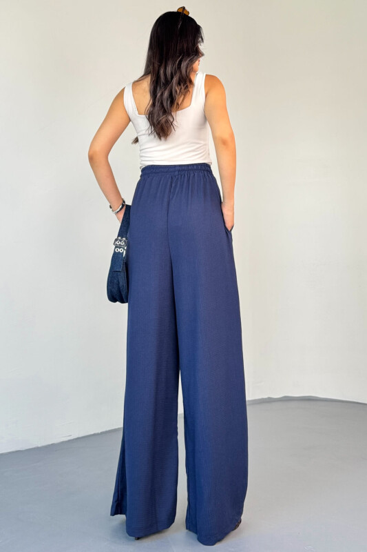 PNT-07408 Lacivert Bürümcük Kumaş Bel Lastikli İp Boncuklu Salaş Pantolon - 6