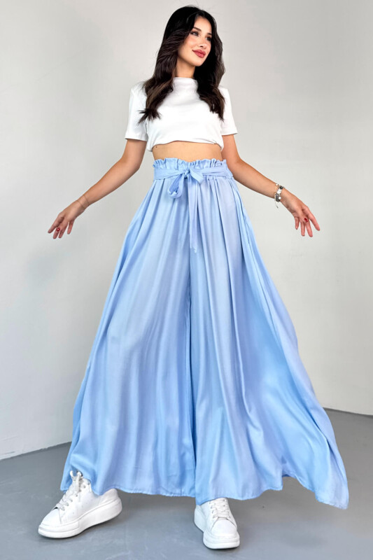 PNT-07410 Bebe Mavi Dokuma Kuşaklı Şalvar Etek Pantolon - 1