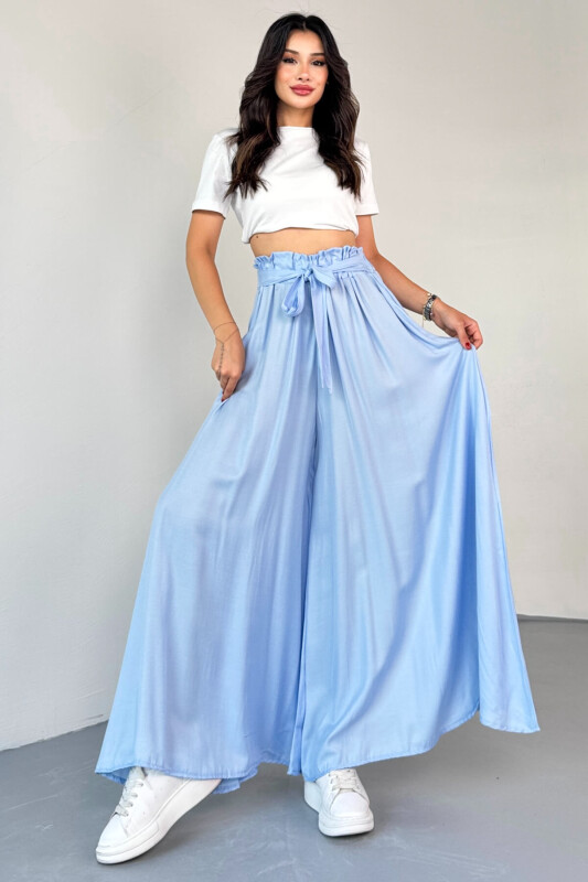 PNT-07410 Bebe Mavi Dokuma Kuşaklı Şalvar Etek Pantolon - 2