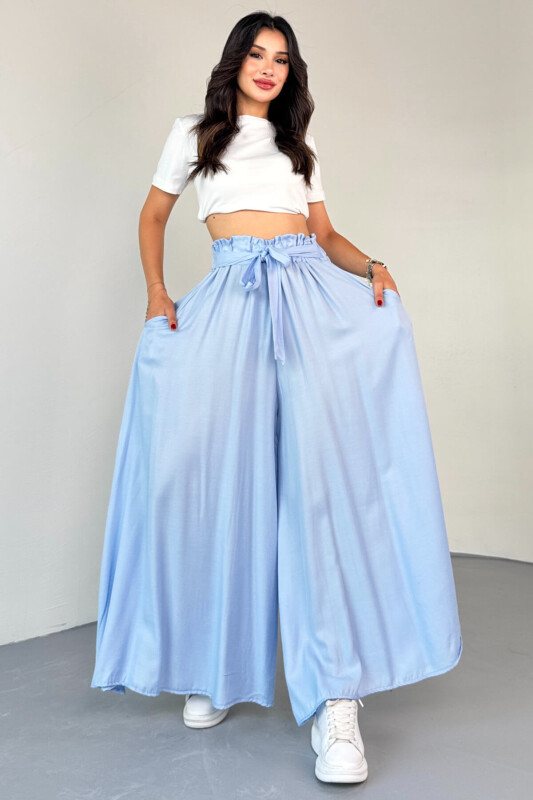 PNT-07410 Bebe Mavi Dokuma Kuşaklı Şalvar Etek Pantolon - 7
