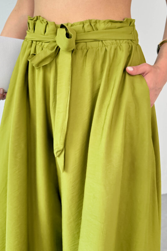 PNT-07410 Fıstık Yeşili Mavi Dokuma Kuşaklı Şalvar Etek Pantolon - 3