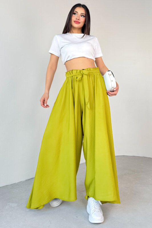 PNT-07410 Fıstık Yeşili Mavi Dokuma Kuşaklı Şalvar Etek Pantolon - 1