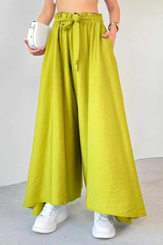 PNT-07410 Fıstık Yeşili Mavi Dokuma Kuşaklı Şalvar Etek Pantolon - 2