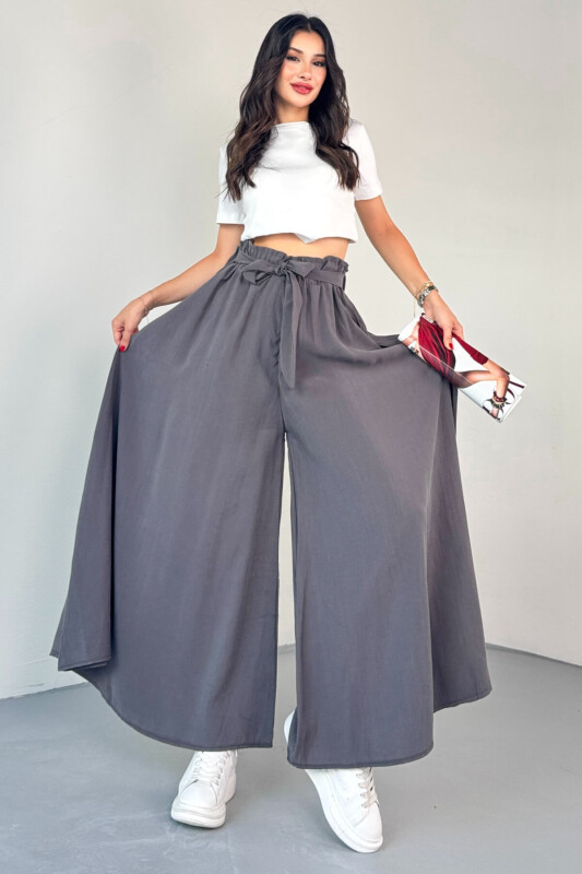 PNT-07410 Füme Dokuma Kuşaklı Şalvar Etek Pantolon - 3