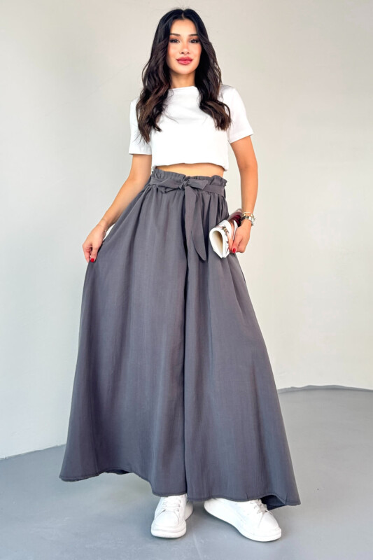 PNT-07410 Füme Dokuma Kuşaklı Şalvar Etek Pantolon - 1