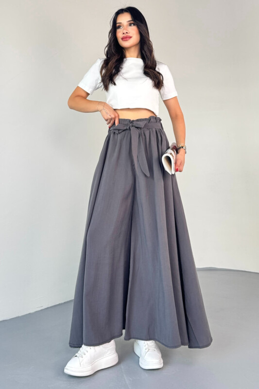 PNT-07410 Füme Dokuma Kuşaklı Şalvar Etek Pantolon - 2