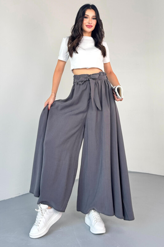 PNT-07410 Füme Dokuma Kuşaklı Şalvar Etek Pantolon - 6