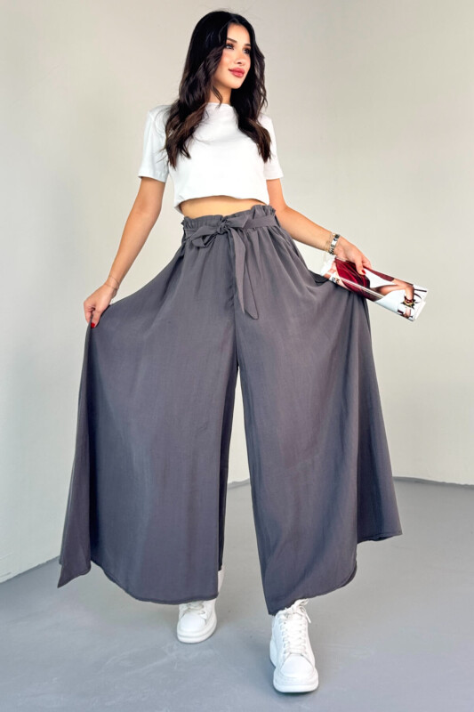 PNT-07410 Füme Dokuma Kuşaklı Şalvar Etek Pantolon - 7