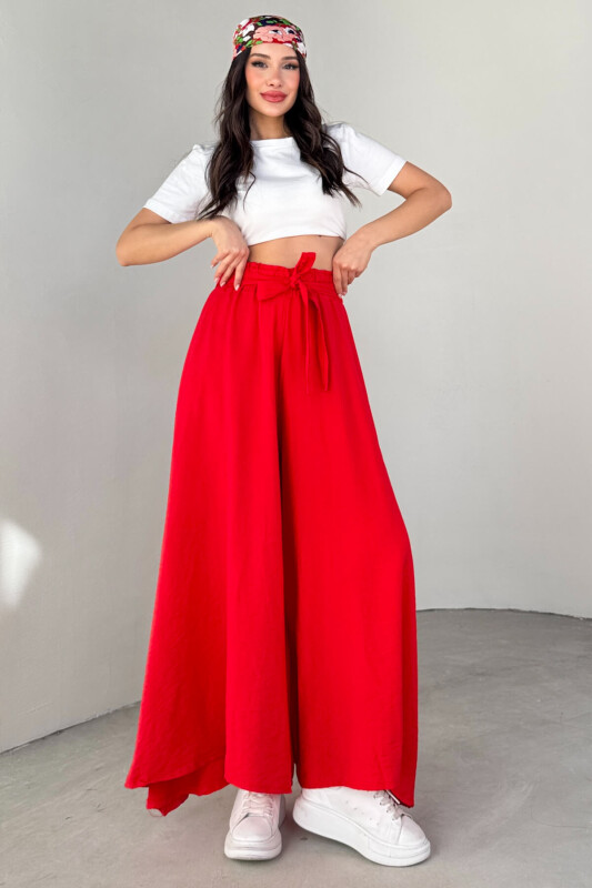 PNT-07410 Nar Çiçeği Dokuma Kuşaklı Şalvar Etek Pantolon - 3