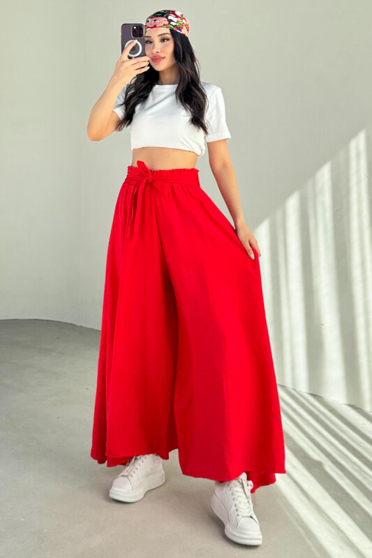 PNT-07410 Nar Çiçeği Dokuma Kuşaklı Şalvar Etek Pantolon - 4