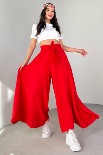 PNT-07410 Nar Çiçeği Dokuma Kuşaklı Şalvar Etek Pantolon 