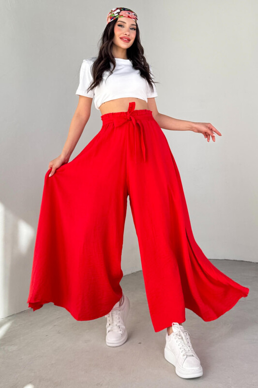 PNT-07410 Nar Çiçeği Dokuma Kuşaklı Şalvar Etek Pantolon - 1