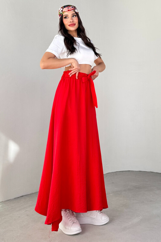 PNT-07410 Nar Çiçeği Dokuma Kuşaklı Şalvar Etek Pantolon - 6