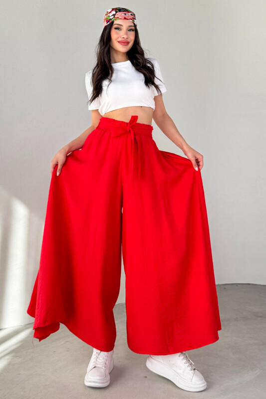 PNT-07410 Nar Çiçeği Dokuma Kuşaklı Şalvar Etek Pantolon - 7