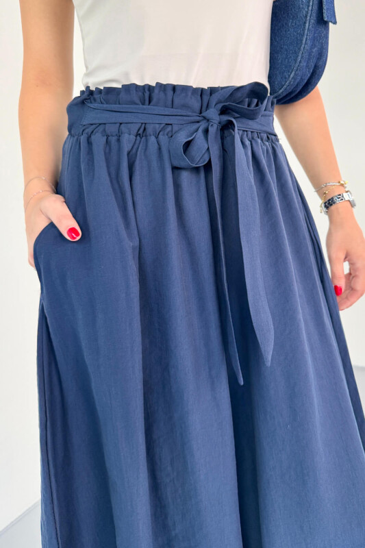 PNT-07410 Lacivert Dokuma Kuşaklı Şalvar Etek Pantolon - 4