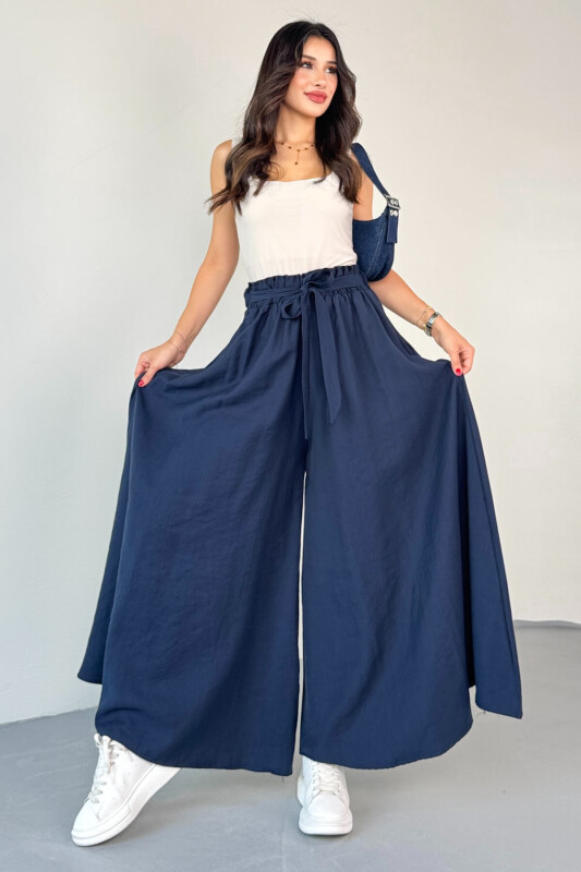 PNT-07410 Lacivert Dokuma Kuşaklı Şalvar Etek Pantolon - 5
