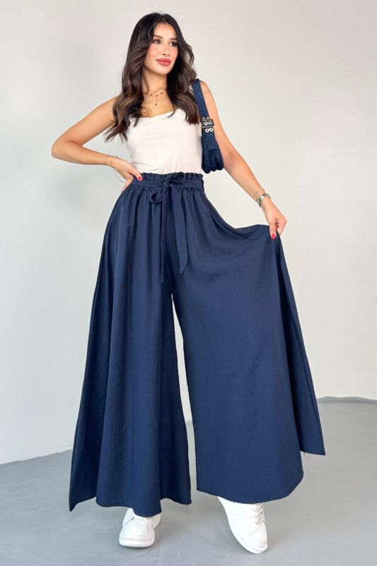PNT-07410 Lacivert Dokuma Kuşaklı Şalvar Etek Pantolon - 6