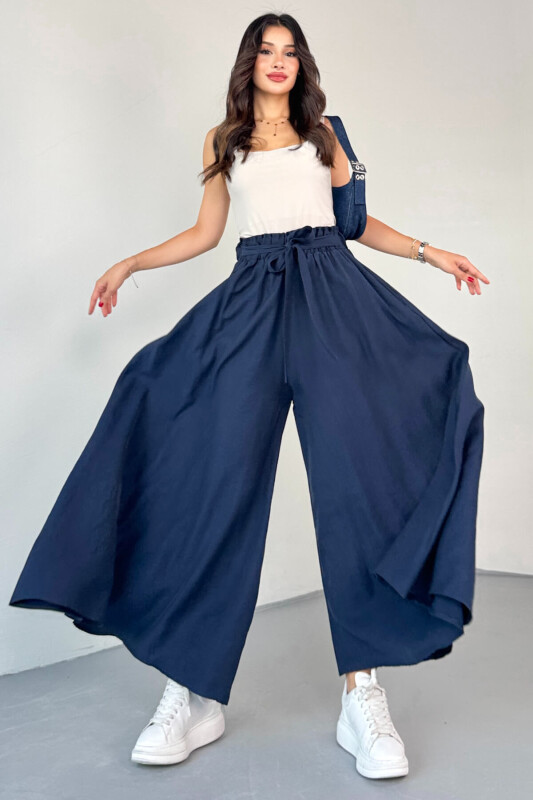 PNT-07410 Lacivert Dokuma Kuşaklı Şalvar Etek Pantolon - 3