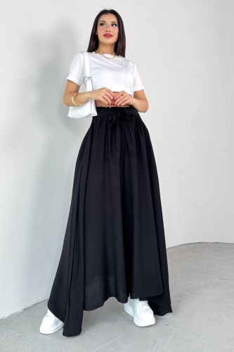 PNT-07410 Siyah Dokuma Kuşaklı Şalvar Etek Pantolon 