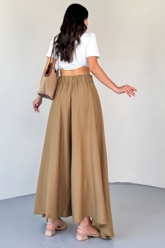 PNT-07410 Sütlü Kahve Dokuma Kuşaklı Şalvar Etek Pantolon - 3