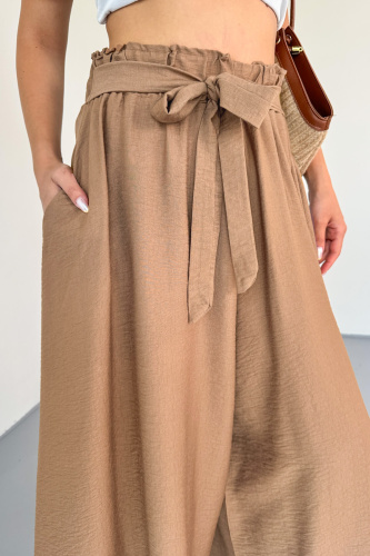 PNT-07410 Sütlü Kahve Dokuma Kuşaklı Şalvar Etek Pantolon - Cappmoda (1)