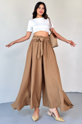 PNT-07410 Sütlü Kahve Dokuma Kuşaklı Şalvar Etek Pantolon - Cappmoda