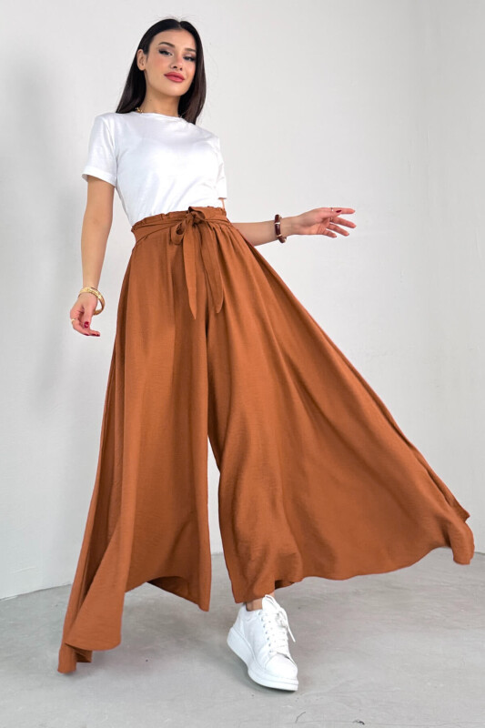 PNT-07410 Tarçın Rengi Dokuma Kuşaklı Şalvar Etek Pantolon - 1