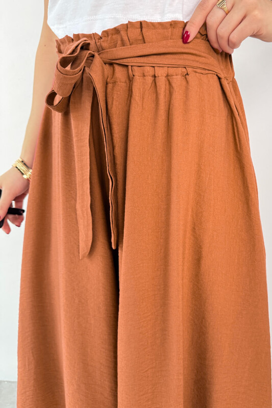 PNT-07410 Tarçın Rengi Dokuma Kuşaklı Şalvar Etek Pantolon - 2