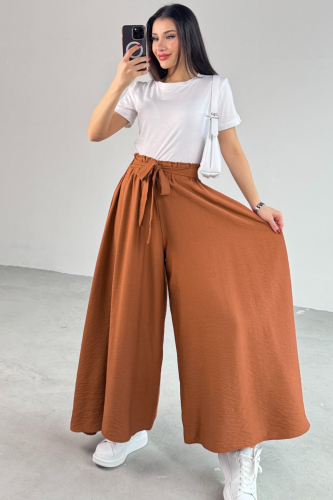 PNT-07410 Tarçın Rengi Dokuma Kuşaklı Şalvar Etek Pantolon - 4
