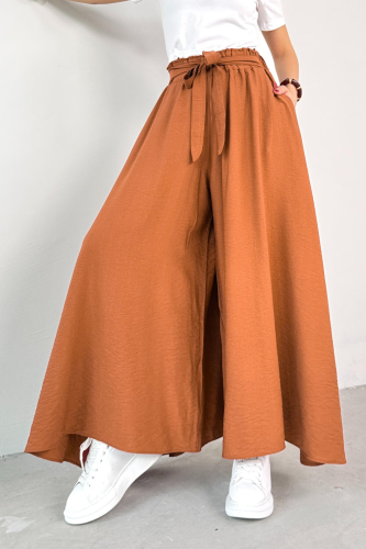 PNT-07410 Tarçın Rengi Dokuma Kuşaklı Şalvar Etek Pantolon - 6