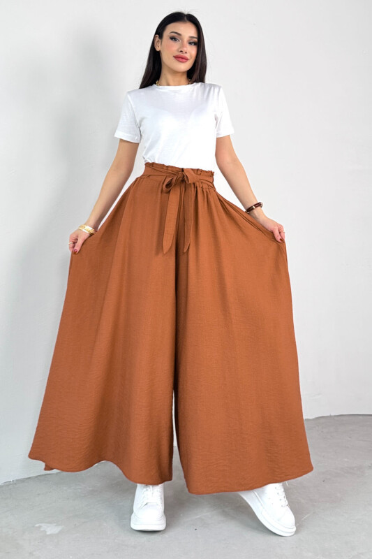 PNT-07410 Tarçın Rengi Dokuma Kuşaklı Şalvar Etek Pantolon - 7