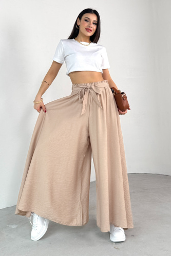 PNT-07410 Taş Rengi Dokuma Kuşaklı Şalvar Etek Pantolon 