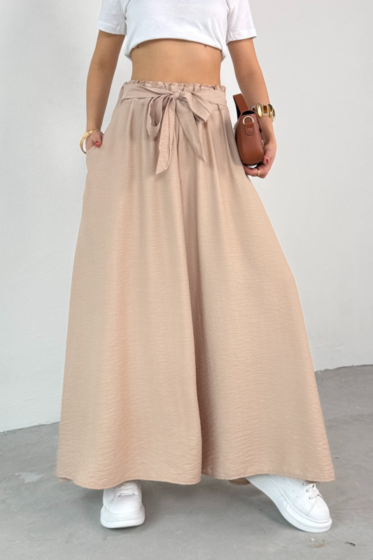 PNT-07410 Taş Rengi Dokuma Kuşaklı Şalvar Etek Pantolon - 2