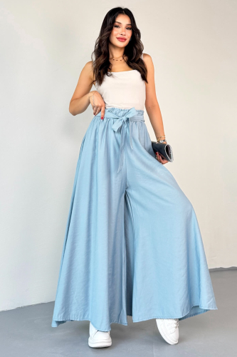 PNT-07410 Turkuaz Dokuma Kuşaklı Şalvar Etek Pantolon 